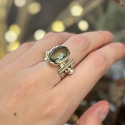 Bague large THEA argent laiton doré - Améthyste verte & Perles pelres TAILLE 52