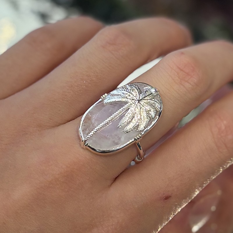 Bague ajustable PALMIER en Argent - Pierre Labradorite blanche ovale
