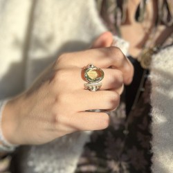 Bague large THEA argent laiton doré - Améthyste verte & Perles pelres TAILLE 52