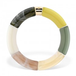 Bracelet jonc élastiqué PIPOCA LIMAO 1 - Noir Beige Blanc Ivoire marbré & Vert Jaune - PARABAYA