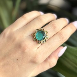 Bague Anneau antique Fleur DOLCE - Verre Apatite & Cristaux multicolores TAILLE 58