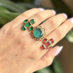 Bague Anneau antique Fleur DOLCE - Verre Apatite & Cristaux multicolores TAILLE 58