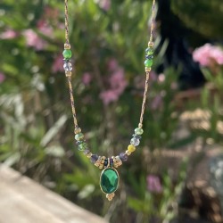 Collier sautoir cordon ajustable fin AMBRE doré - Agate verte
