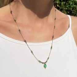 Collier sautoir cordon ajustable fin AMBRE doré - Agate verte - Clo&Lou