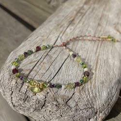 Bracelet cordon ajustable BRUNE doré - Agate vert clair & Perles de cristal