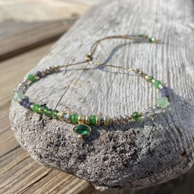 Bracelet cordon ajustable EMIRA doré - Agate verte & Perles Miyuki - Clo&Loou