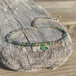 Bracelet cordon ajustable EMIRA doré - Agate verte & Perles Miyuki