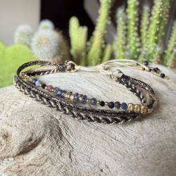 Bracelet manchette cordon ajustable DIOR doré - Iolite & Perles Agates - Clo&Lou