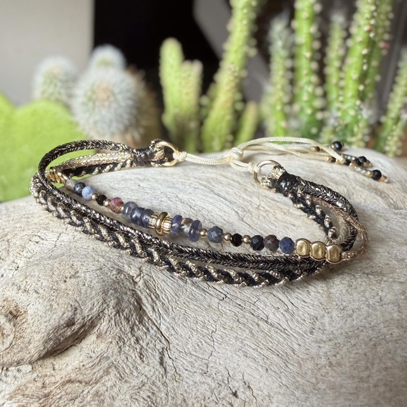 Bracelet manchette cordon ajustable DIOR doré - Iolite & Perles Agates - Clo&Lou