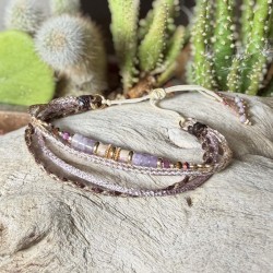 Bracelet manchette cordon ajustable EDONA doré - Améthyste lavande