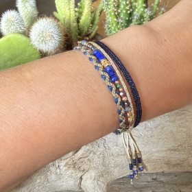 Bracelet manchette cordon ajustable HELENA doré - Lapis Lazuli & Ruban - Clo&Lou