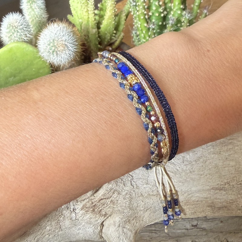 Bracelet manchette cordon ajustable HELENA doré - Lapis Lazuli & Ruban - Clo&Lou