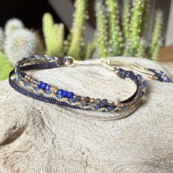 Bracelet manchette cordon ajustable HELENA doré - Lapis Lazuli & Ruban