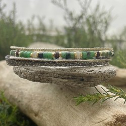 Bracelet manchette cordon ajustable FANETTE doré - Jaspe vert & Ruban