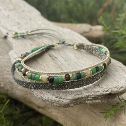 Bracelet manchette cordon ajustable FANETTE doré - Jaspe vert & Ruban