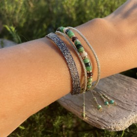 Bracelet manchette cordon ajustable FANETTE doré - Jaspe vert & Ruban - Clo&Lou