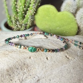 Bracelet cordon ajustable FELIX doré - Malachite & Perles de Cristal - Clo&Lou