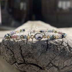 Bracelet cordon ajustable JASMINE doré - Agate bleue & Perles Miyuki