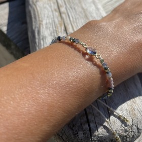 Bracelet cordon ajustable JASMINE doré - Agate bleue & Perles Miyuki - Clo&Lou