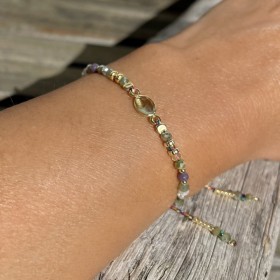 Bracelet cordon ajustable CAMELIA doré - Agate vert clair & Perles de cristal - Clo&Lou