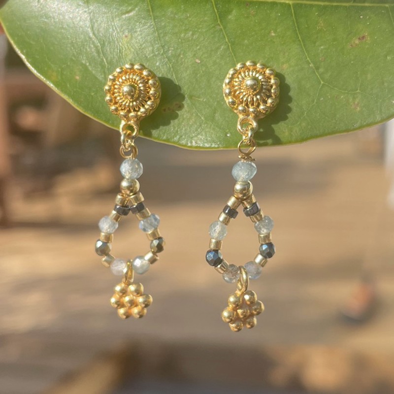 Boucles d'Oreilles pendantes DALYA Or - Aigue Marine & Hématite - Clo&Lou