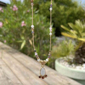 Collier sautoir cordon ajustable fin CLAUDETTE doré - Pierre de Lune - Clo&Lou