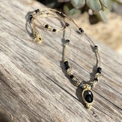 Collier sautoir cordon ajustable fin DULCE doré - Onyx Noir