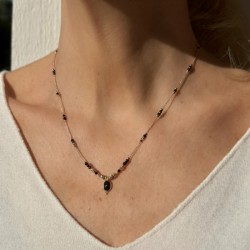Collier sautoir cordon ajustable fin DULCE doré - Onyx Noir - Clo&Lou