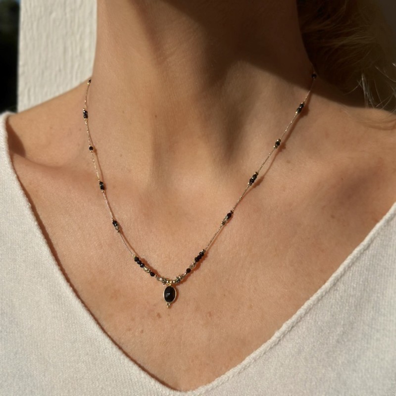 Collier sautoir cordon ajustable fin DULCE doré - Onyx Noir - Clo&Lou