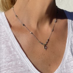 Collier sautoir cordon ajustable fin HUGUETTE doré - Agate Bleue - Clo&Lou