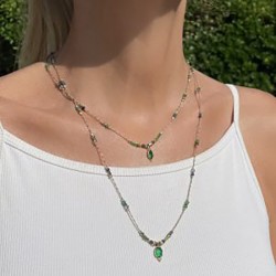 Collier sautoir cordon ajustable fin AMBRE doré - Agate verte
