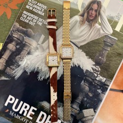 Montre Gracieuse Petite Class Pearls, White Gold, bracelet milanais & cadran carré doré