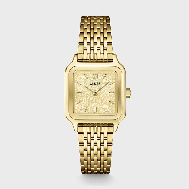Montre Gracieuse Petite Lace Textured, Gold, bracelet milanais & cadran carré doré - CLUSE