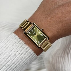Montre Belisenna Steel Olive, Gold Color, cadran rectangle vert & bracelet oyster