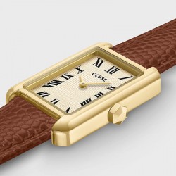 Montre Belisenna Leather, Nutshell, Sand textures, cadran rectangle or & bracelet cuir camel