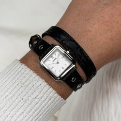 Montre Gracieuse Mini Watch double bracelet cuir noir & cadran argent