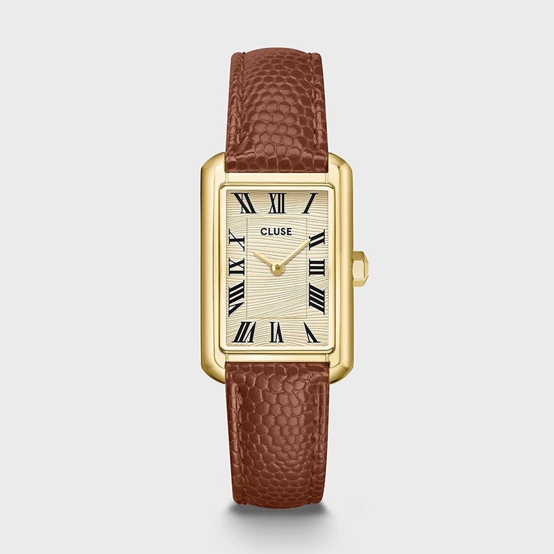 Montre Belisenna Leather, Nutshell, Sand textures, cadran rectangle or & bracelet cuir camel