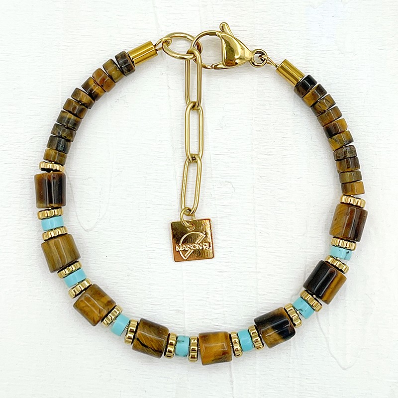 Bracelet UNAÏ Jonc acier dorée - Pierres semi-précieuses & Hématites