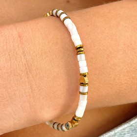 Bracelet ULAS Jonc acier dorée - Coquille d'eau douce & Hématite - Maison 91