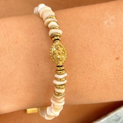Bracelet UKA IVOIRE Jonc acier dorée - Coquillage Hématite & Perle dorée - Maison 91