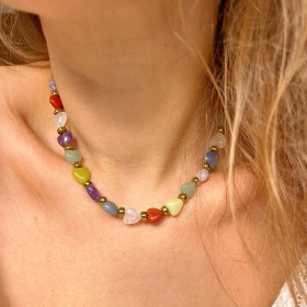 Collier URIA chaîne dorée - Coeurs en pierres semi-précieuses multiocores - Maison 91