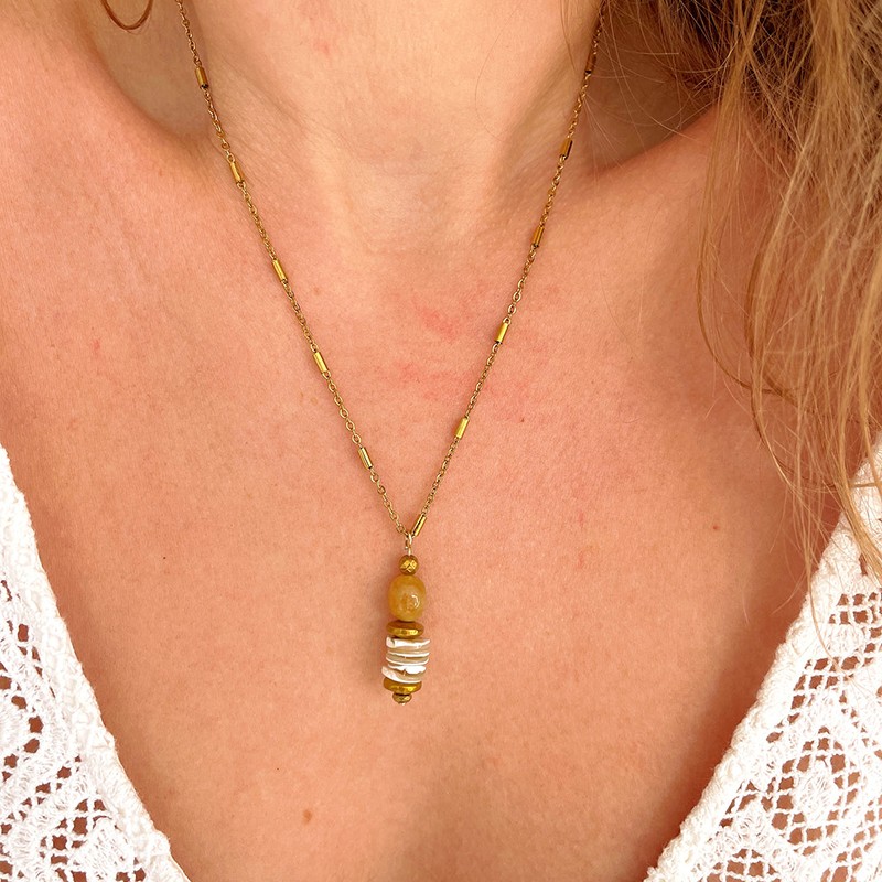 Collier LORETTE chaîne dorée - Coquillage Jade & Hématites dorées - Maison 91