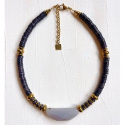 Collier THELMA Black chaîne dorée - Coquillage Agate Lune & Hématites