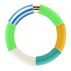 Bracelet jonc élastiqué COLOR POWER BRASIL 2 - Vert fluo rayé cobalt jaune turquoise & blanc - PARABAYA
