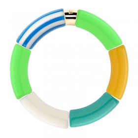 Bracelet jonc élastiqué COLOR POWER BRASIL 2 - Vert fluo rayé cobalt jaune turquoise & blanc - PARABAYA