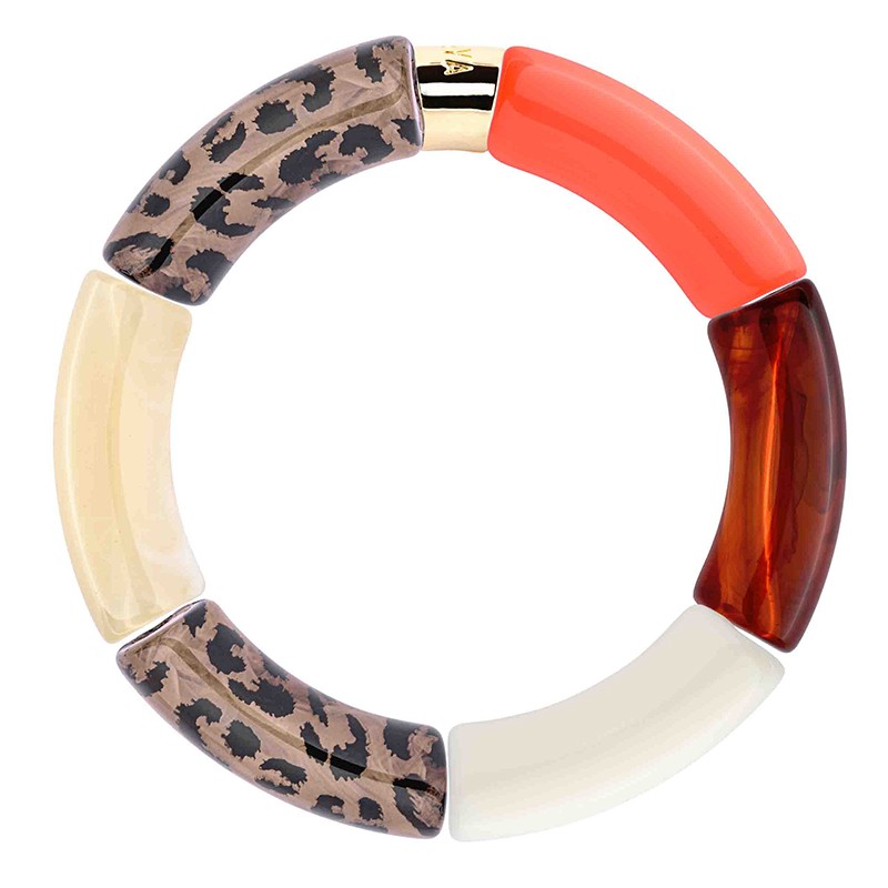 Bracelet jonc élastiqué MARACA 3 - Léopard blanc ivoire écaille & corail - PARABAYA