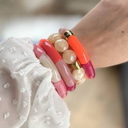 Bracelet jonc élastiqué JINGA 1 - Orange fluo fuchsia rose marbré & ivoire