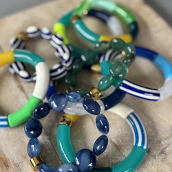 Bracelet jonc élastiqué BRASIL 3 - Vert foncé bleu rayé jaune turquoise & blanc