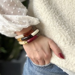 Bracelet jonc élastiqué PAMPA 3 - Marron ivoire écaille léopard & orange