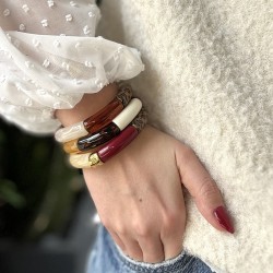 Bracelet jonc élastiqué PAMPA 2 - Léopard marron écaille blanc & ivoire